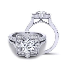  Scalloped pavé   flower Art Deco split shank round diamond halo ring 1539FL-C 