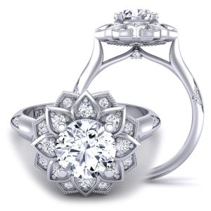  Starburst Sunflower halo round diamond and moissanite  engagement ring MSNT-1539FL-F color 14K White Gold