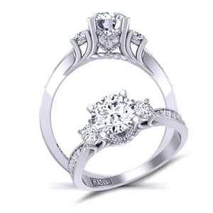  Unique tapered band set round Three-stone moissanite engagement ring MSNT-HEIR-1345-3E color 14K White Gold