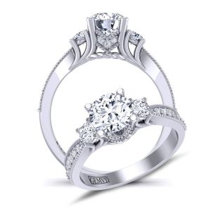  Vintage Style three-stone round diamond and moissanite  engagement ring MSNT-HEIR-1345-3F color 14K White Gold