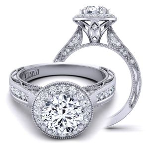  Round channel set tapered band halo diamond and moissanite  engagement ring  MSNT-WIST-1529-HK color 14K White Gold