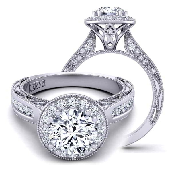 Round channel set tapered band halo diamond engagement ring WIST-1529-HK