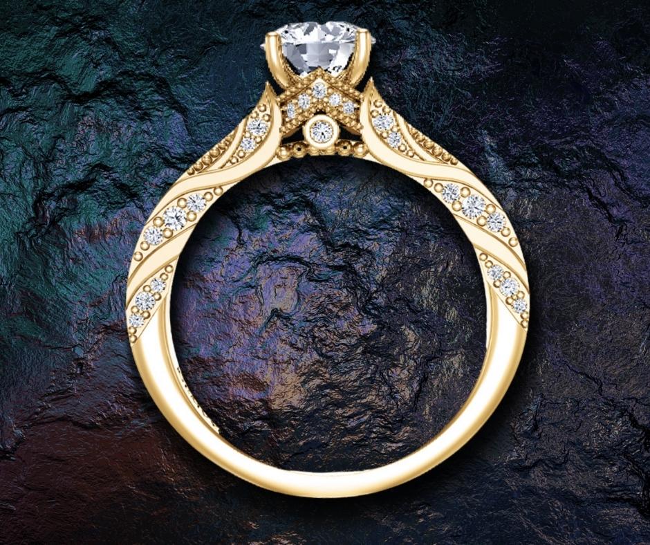 Gallery view of an intricate designed 18k yellow gold vintage style ring